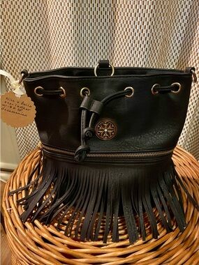 Nice & Bella Black Fringe Bucket Bag/Backpack with Gold Accents